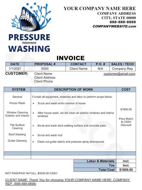 Power Washing Invoice Template Example 1