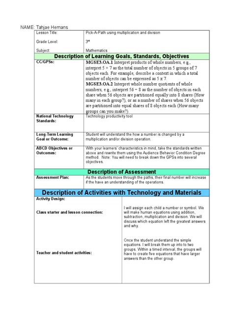 PPAT Lesson Plan Template Sample