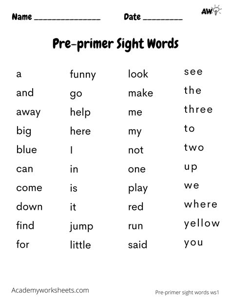 Pre-Primer Sight Words Flashcard