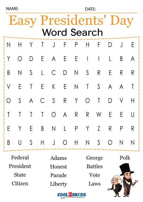 Presidents Day Vocabulary Word Search Printable 4