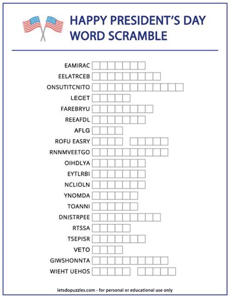 Presidents Day Word Scramble Printable 9