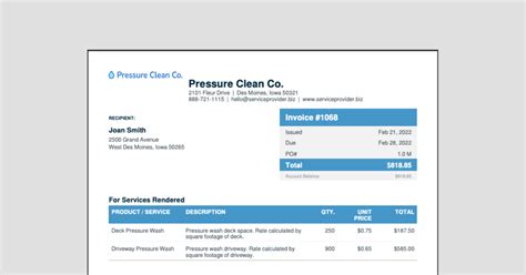 Pressure Washing Invoice Template with Signature Block