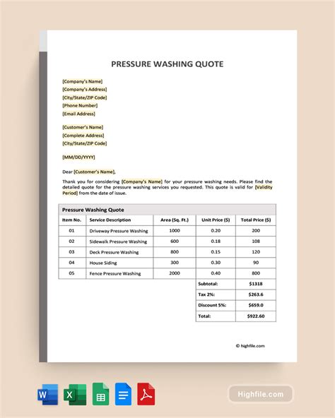 Pressure washing quote template sample