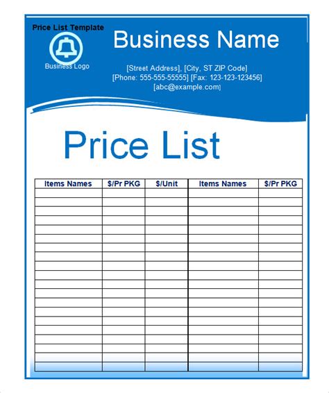 Price List Template for Word