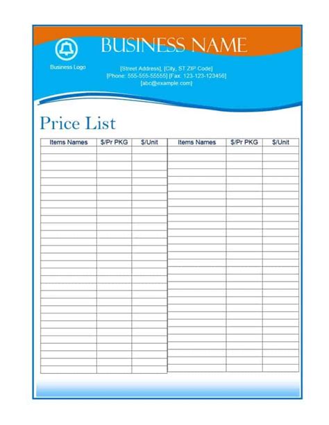 Price List Template Microsoft Word