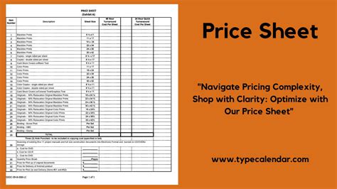 Price sheet template excel