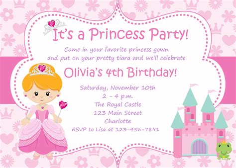 A princess birthday invitation template with a sample wording