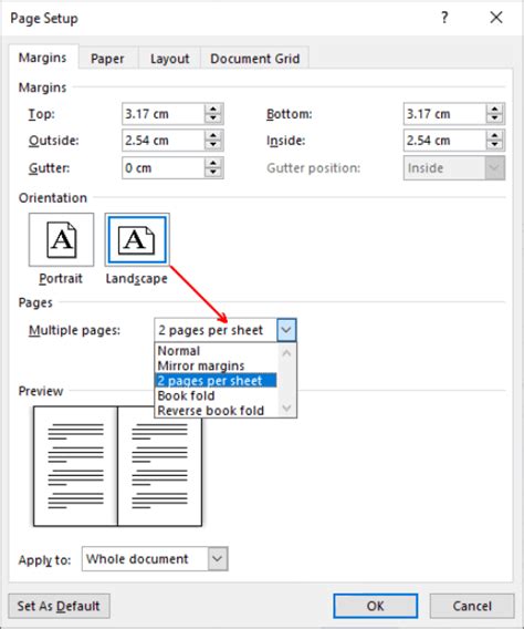 Print 2 pages on 1 sheet in Word using Different Paper Size