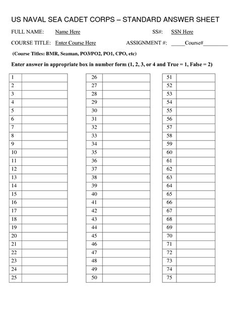 Printable answer sheets with numbers 1-50