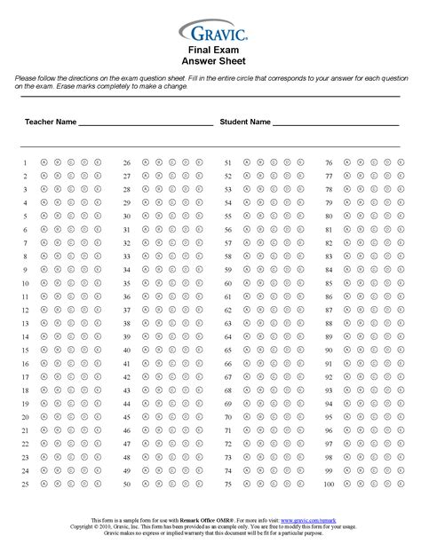 Printable answer sheets for colleges