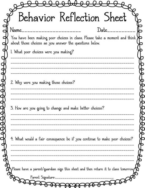 Behavior Reflection Sheets for Elementary Students