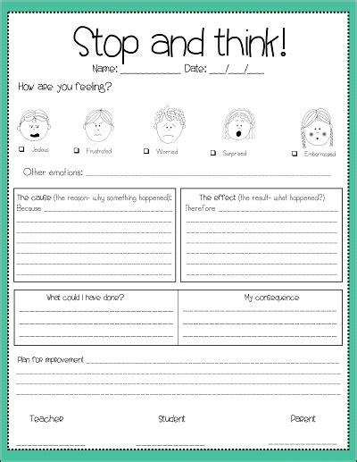 Printable Behavior Reflection Sheets for Middle School Students