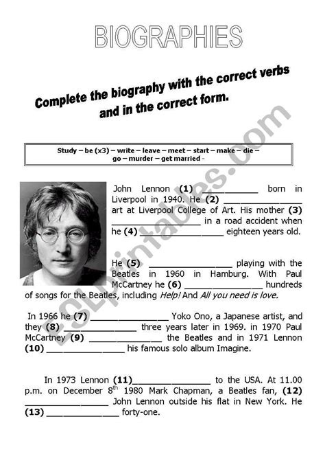 Printable biography worksheets for English language learners