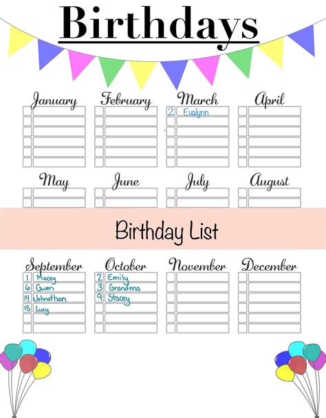 Printable birthday list