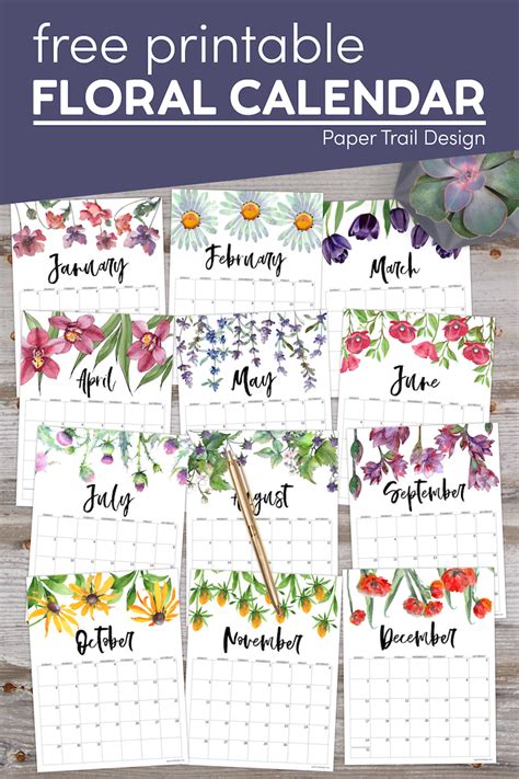 A cute free printable calendar with a floral design