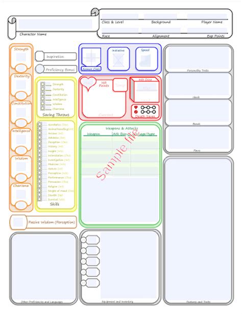 A printable character sheet for 5e D&D