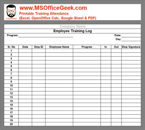 Printable Employee Training Log Template