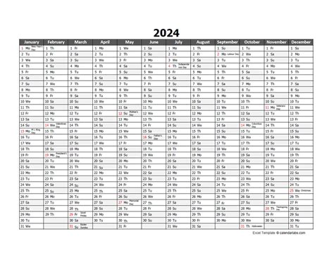 Printable Excel Calendars with Holidays