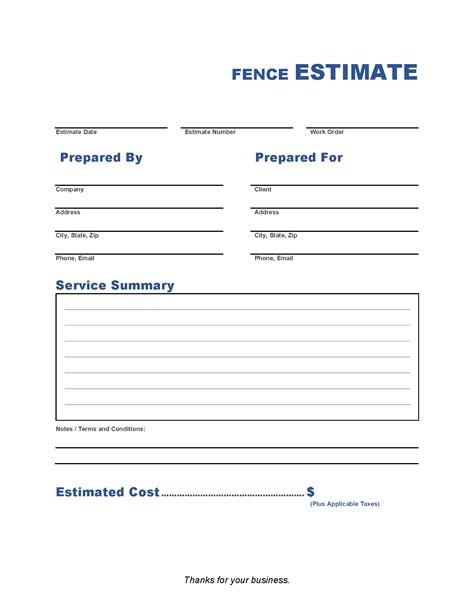 Printable Fence Estimate Template