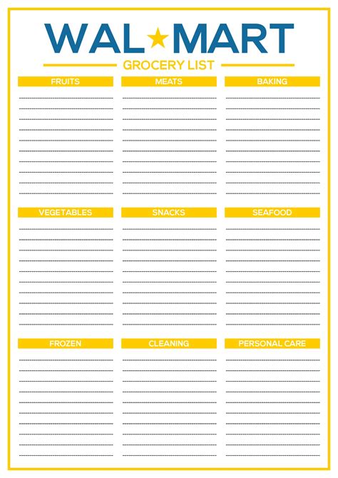 Printable Grocery List Template for Walmart