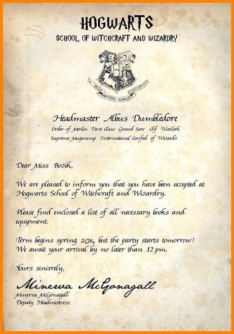 Printable Harry Potter Acceptance Letter