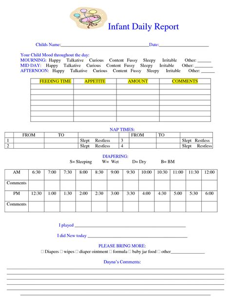 Printable infant daily report template