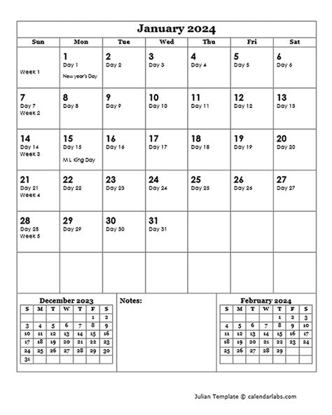 Printable Julian Calendar Template Layout