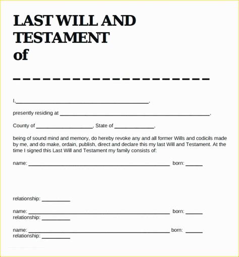 Printable Last Will and Testament Template