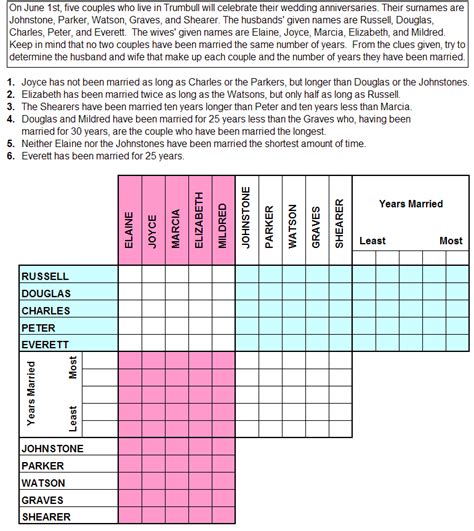 Printable Logic Grid Puzzles