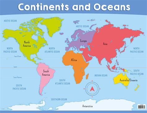 A printable map of continents and oceans