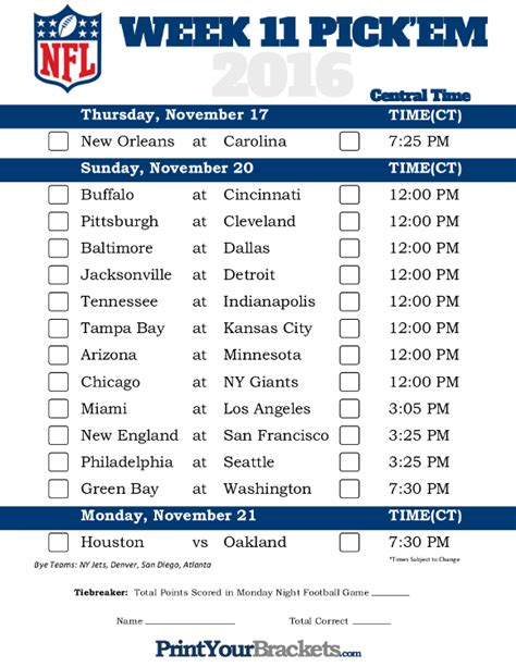 Printable NFL Week 11 Schedule