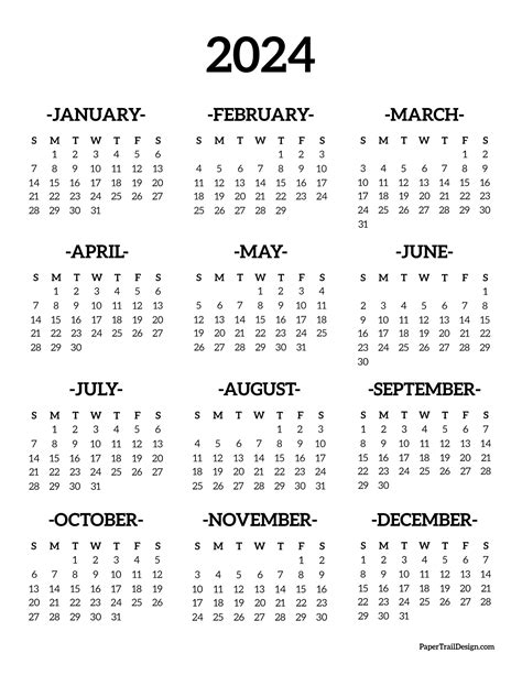 Printable One-Page Calendar 2024