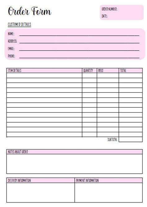 Printable order form template