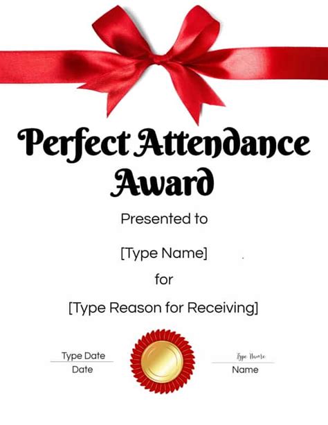 Printable Perfect Attendance Certificate for Employees