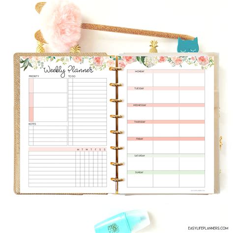 Printable planner inserts for productivity