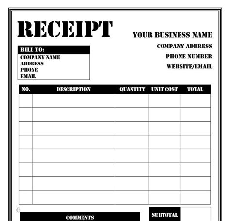 Printable Receipt Template for Microsoft Word