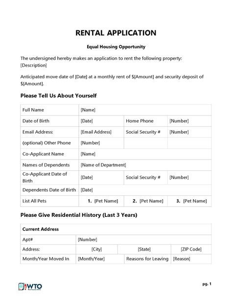 Printable Rental Application Template