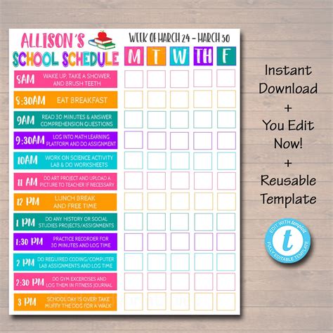 Printable Schedule Template for Students