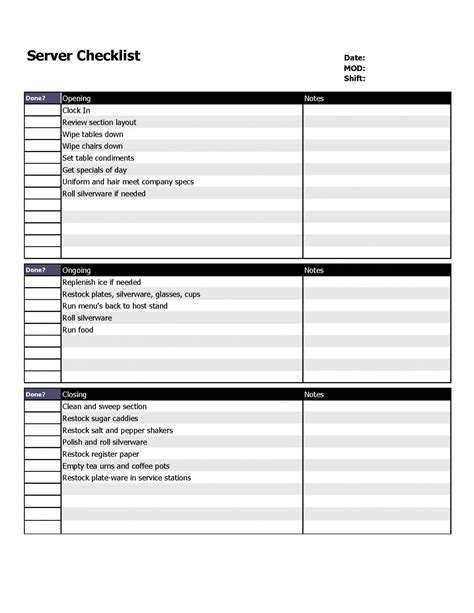 Printable server checklist template