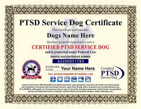 Printable Service Dog Certificate Image