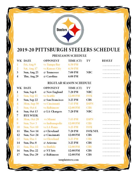 Printable Steelers schedule