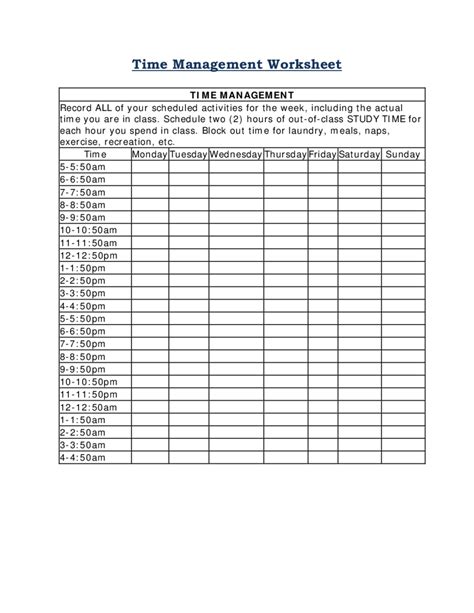 Printable Time Management Spreadsheet