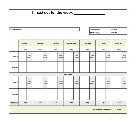 Printable Timesheet Template for Work Schedule