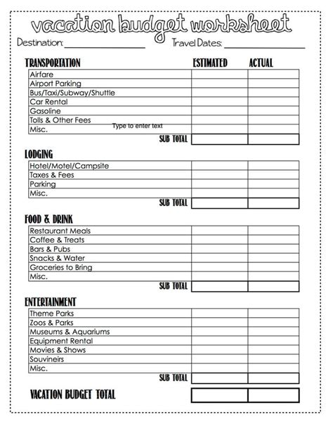 Printable Travel Budget Spreadsheet