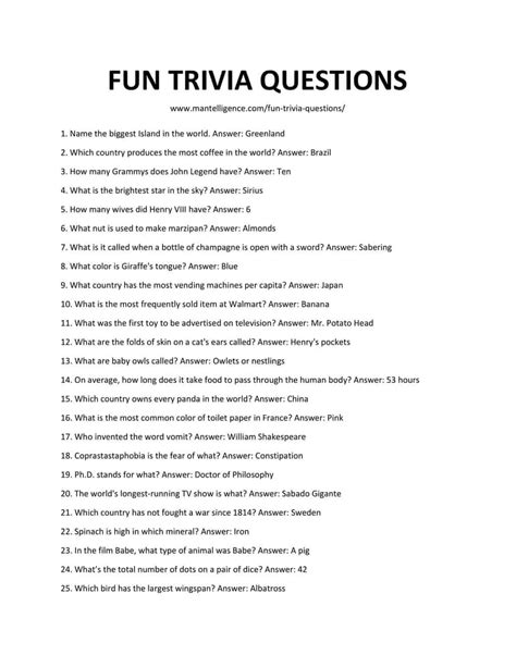 Printable Trivia Questions and Answers