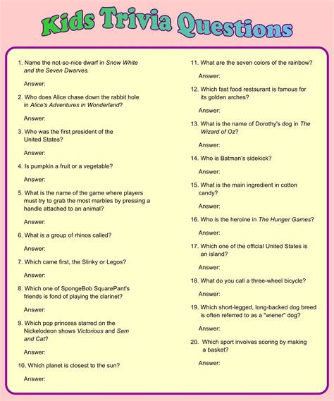 Printable Trivia Questions for Kids