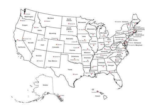 A large printable US map with capitals, highlighting state capitals and major cities