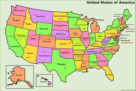 A printable and detailed map of U.S. states and capitals