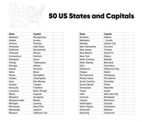 A printable version of the U.S. map with states and capitals