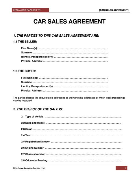 Printable Vehicle Sales Agreement Template